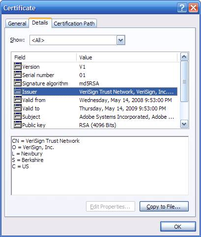 The CAB file is signed with a certificate fraudulently using the name Adobe Systems Incorporated.